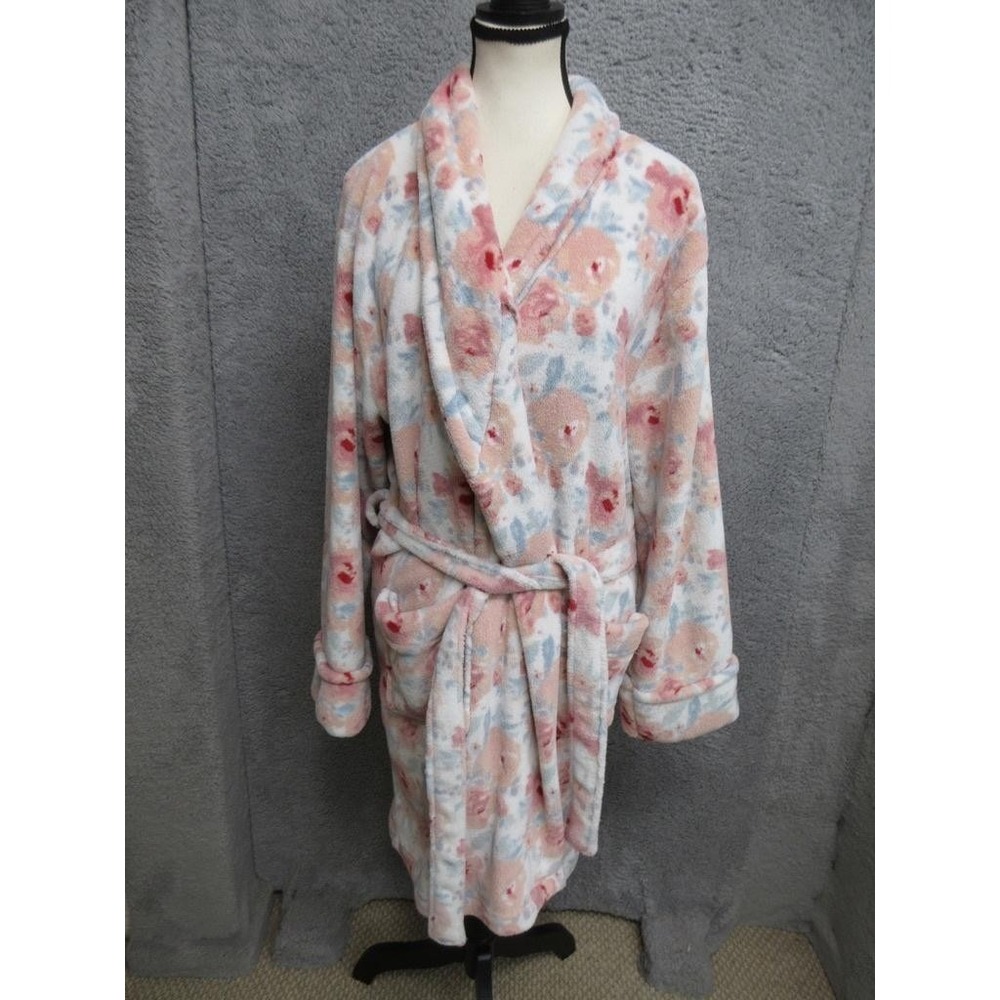 Cervantes Floral Plush Robe Womens One Size Pink Belted Pockets Soft Cozy‎ Warm